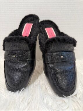KATE spade Black Leather Faux Fur-Trim Penny Loafer Mules